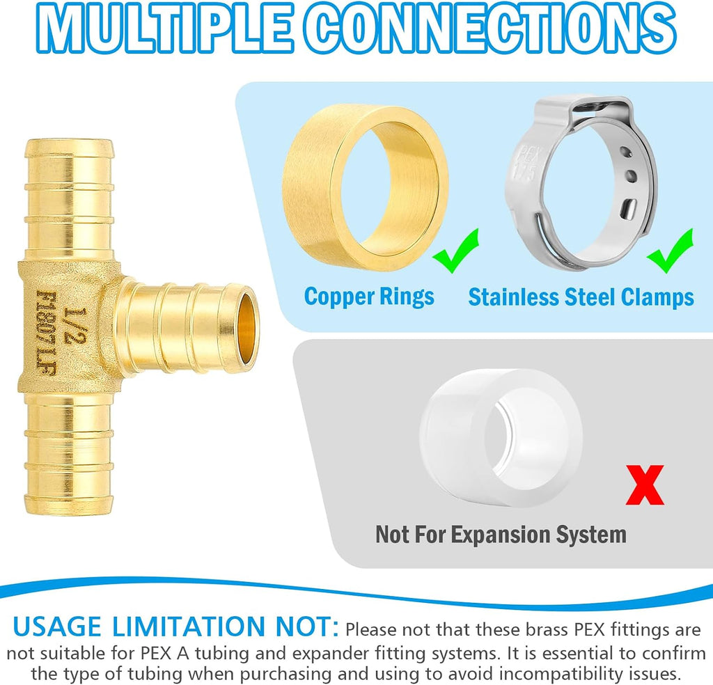 (Znkiok8 Pack) 1/2 Inch Pex Tee Fittings, For 1/2''Pex b Pipe,No Lead Brass,NSF,cUPC Certified.