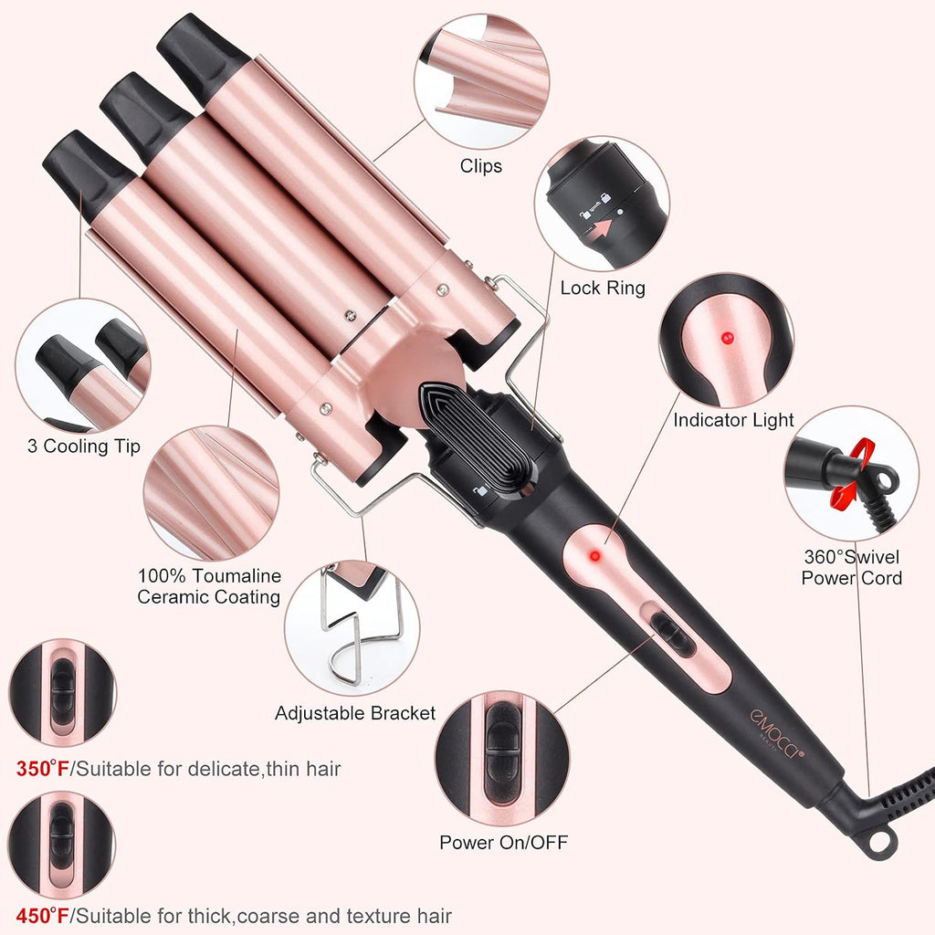 Wand Curling Iron Hair Crimper Tool, Emocci Pro Large 3 Barrels (0.35" - 1.25" Ceramic Barrel) Hair Wand Curler for