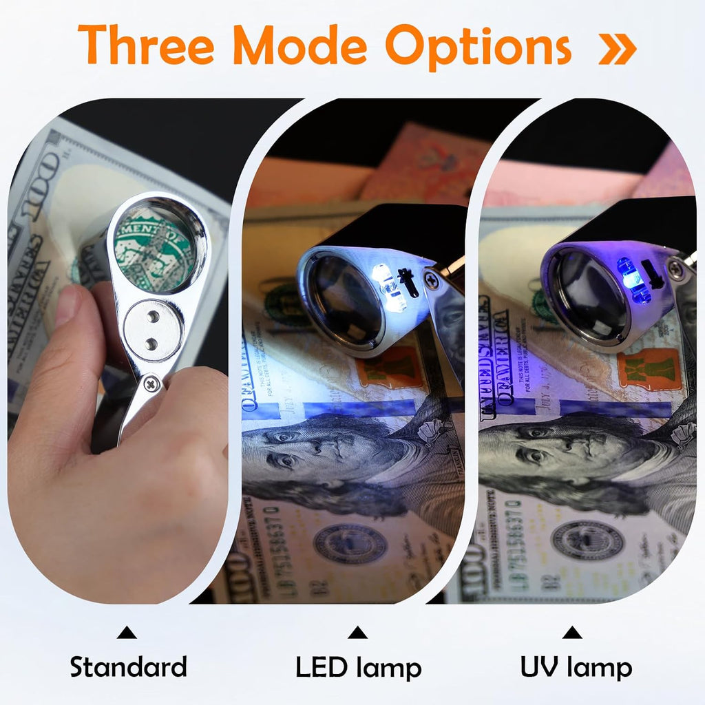 40X Jewelers Loupe Magnifier LED/UV Illuminated Magnifying Glasses | Jewelry Loop Pocket Folding Magnifying Glass