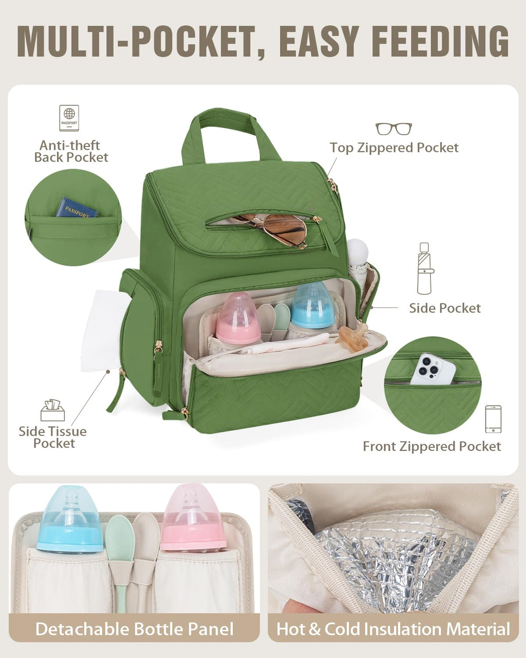 Diaper Bag Backpack with Changing Pad and Insulated Pockets, Green