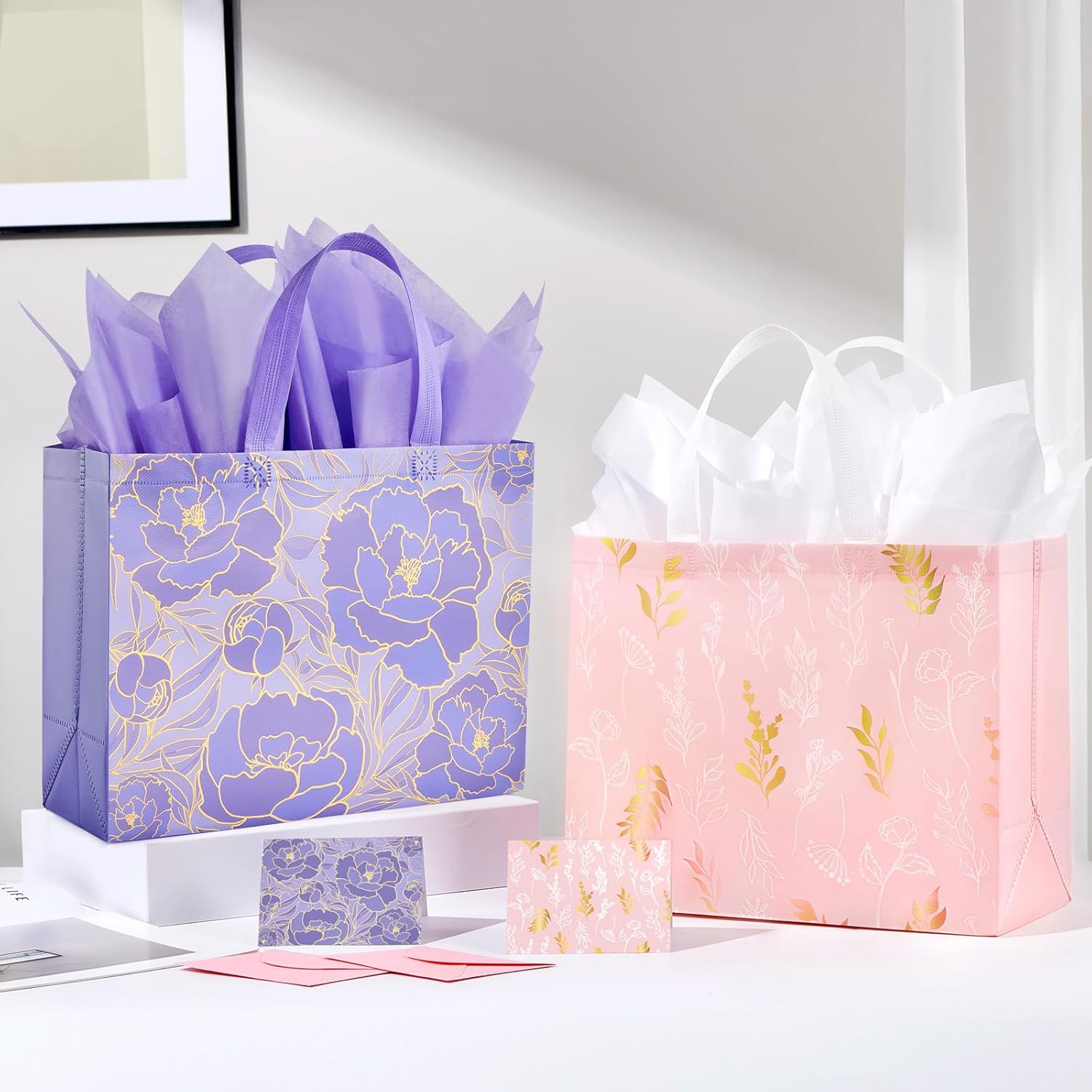 2 Pack 13" Large Beautiful Gift Bags Set with Greeting Card and Tissue Paper, Reusable Non-Woven Gift Wrap Bags with