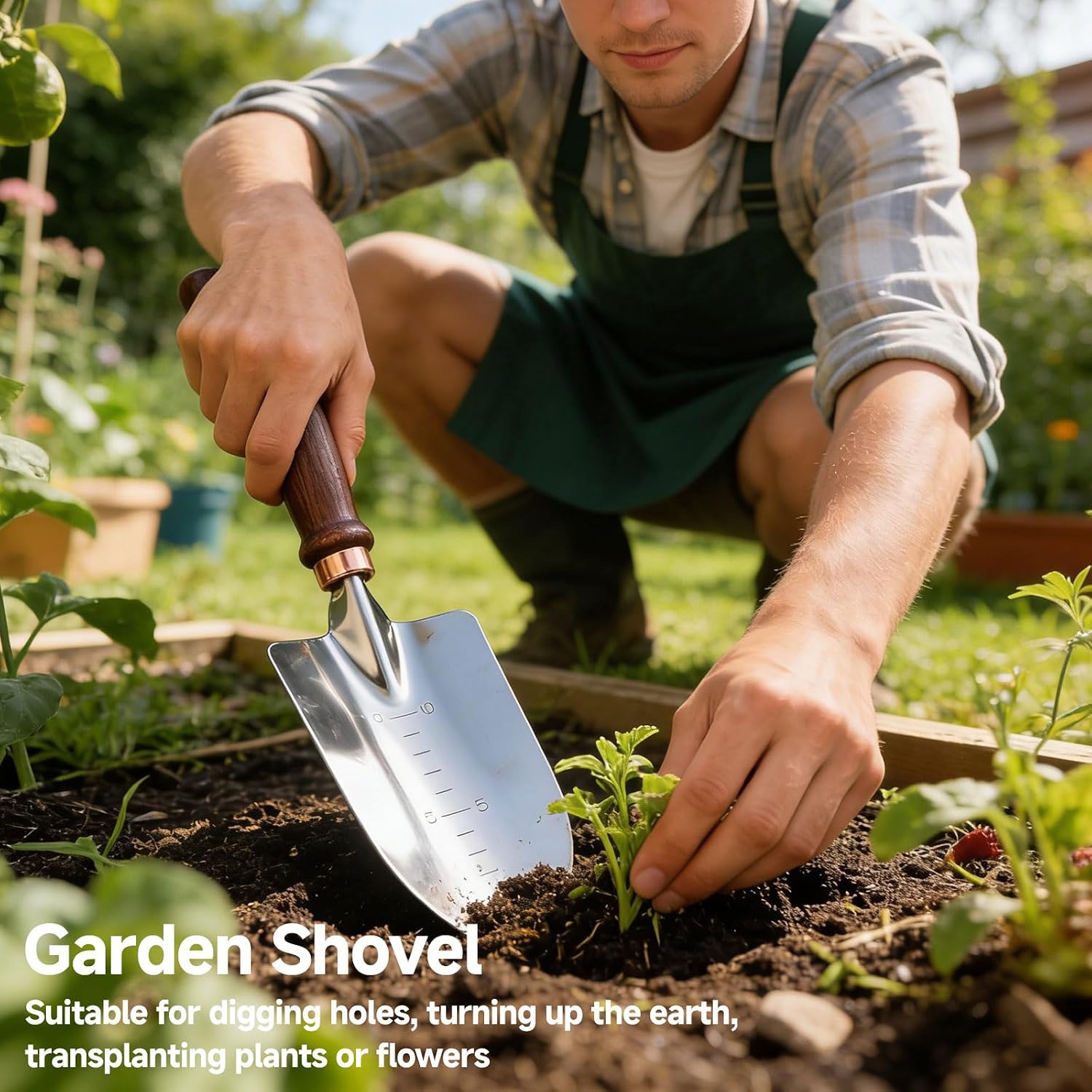 Garden Tools, 4 Pack Garden Shovel with Wooden Handles Hand Tools with Transplanting Hand Shovel, Rake and Root
