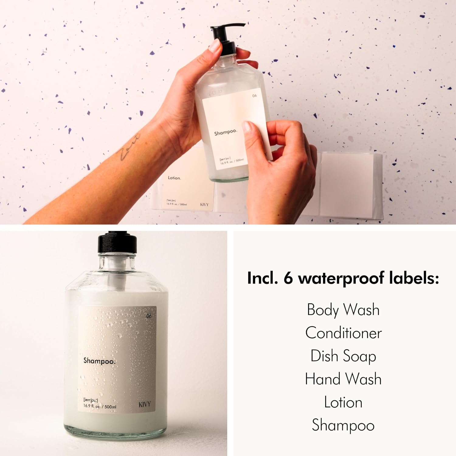 Glass Soap Dispenser Set [INCL. Waterproof Labels] - Glass Soap Dispenser with Pump - Hand Soap and Dish Soap Set
