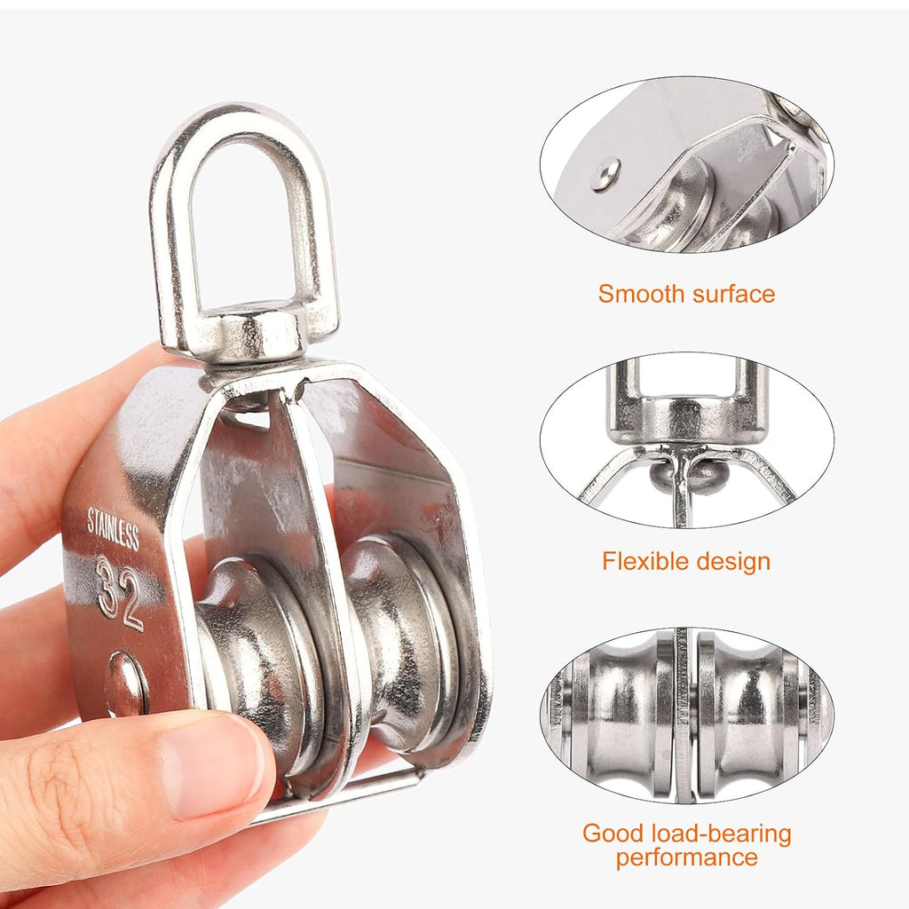 2PCS M32 Double Sheave Pulley Block 304 Stainless Steel Lifting Crane Swivel Hook