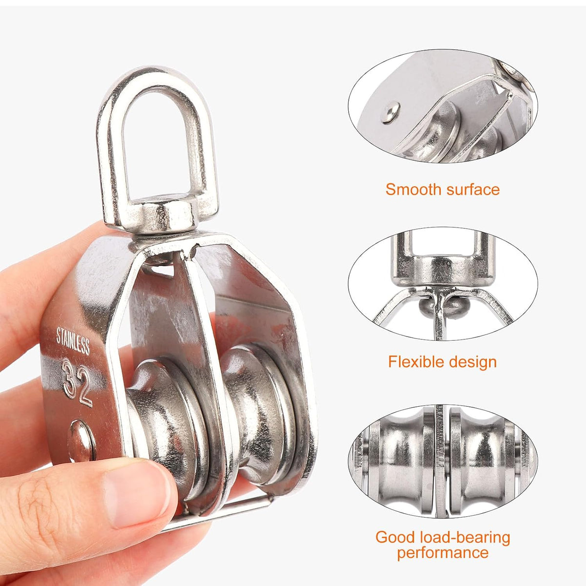 2PCS M32 Double Sheave Pulley Block 304 Stainless Steel Lifting Crane Swivel Hook