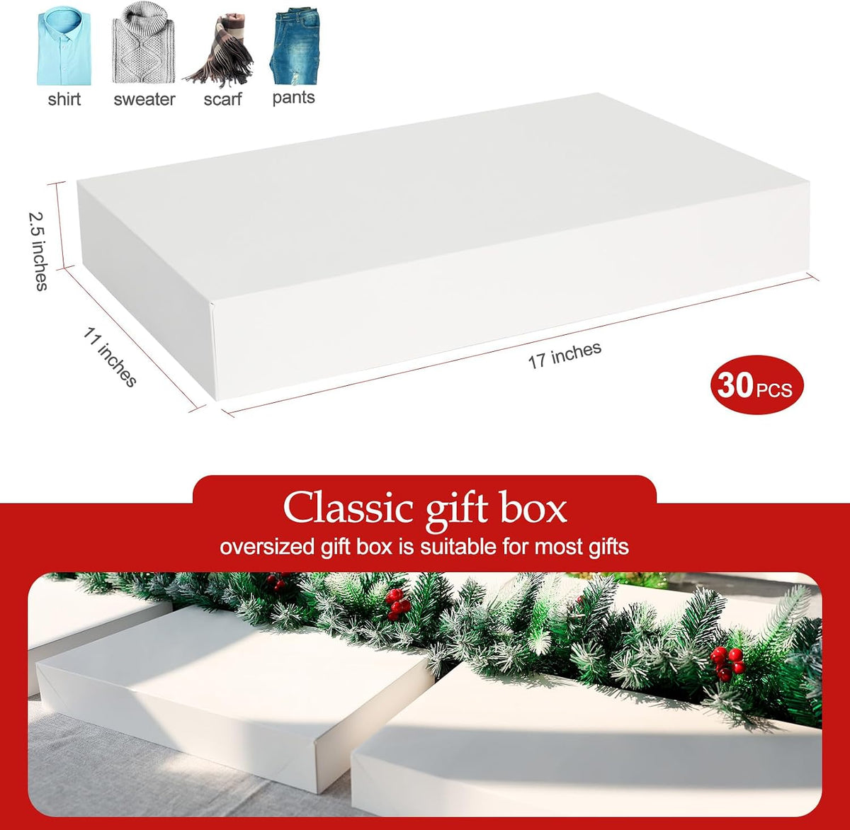 30 Pack Shirt Gift Boxes Large White Gift Boxes with Lids for Presents, Clothes, Sweater, Coat, A pparel, 17"X