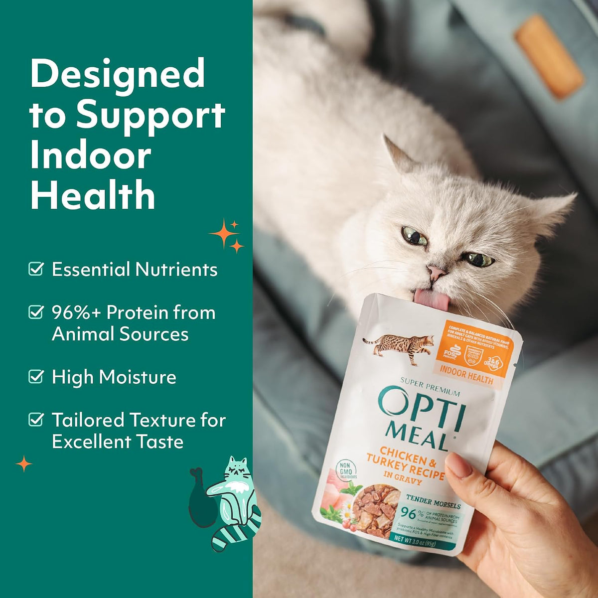High Protein Wet Cat Food, Chicken and Turkey in Savory Gravy, 12 Pouches
