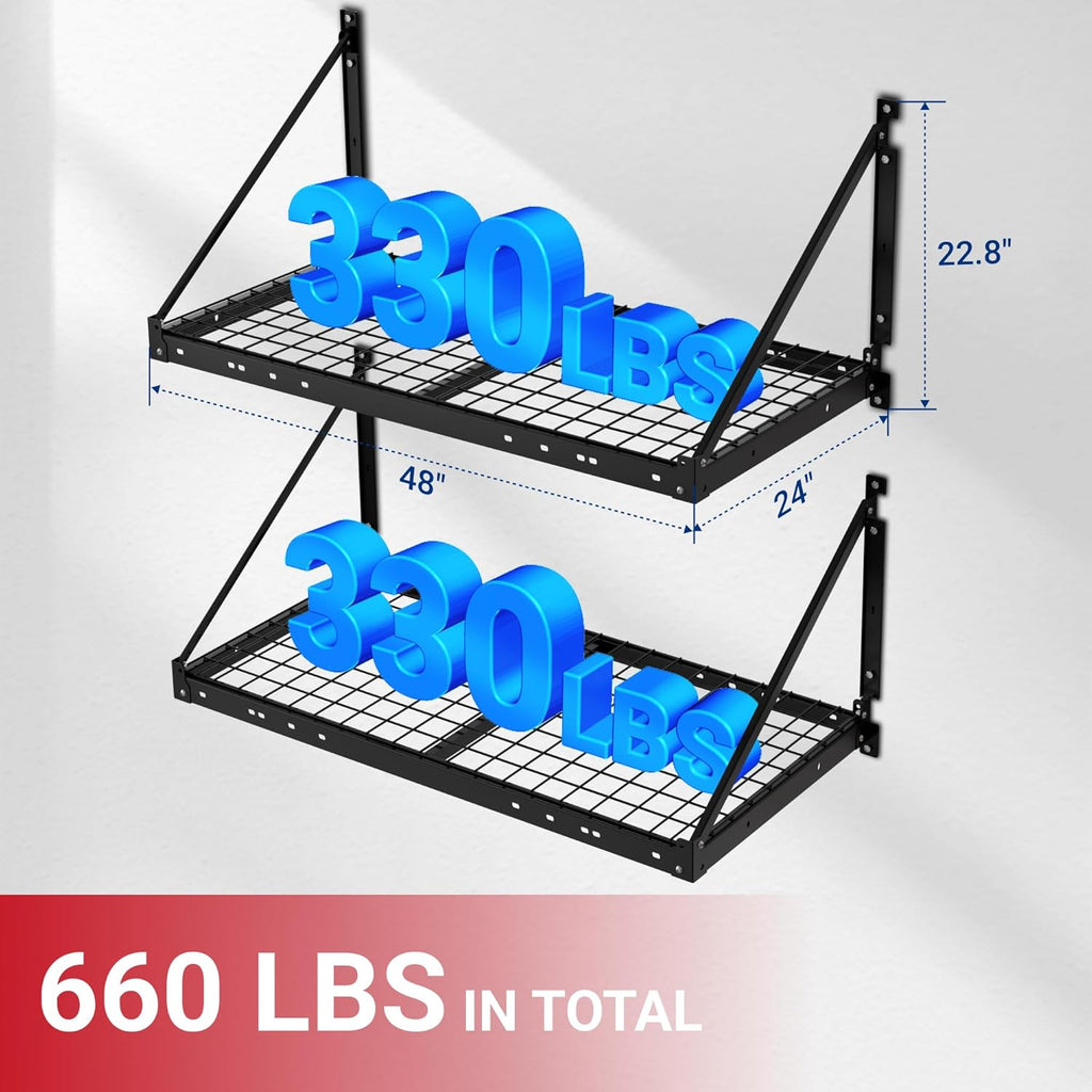 2-Pack 2x4ft Garage Wall Shelving - Heavy Duty Garage Storage Rack, 660lbs Load Capacity with Brace Guardrail