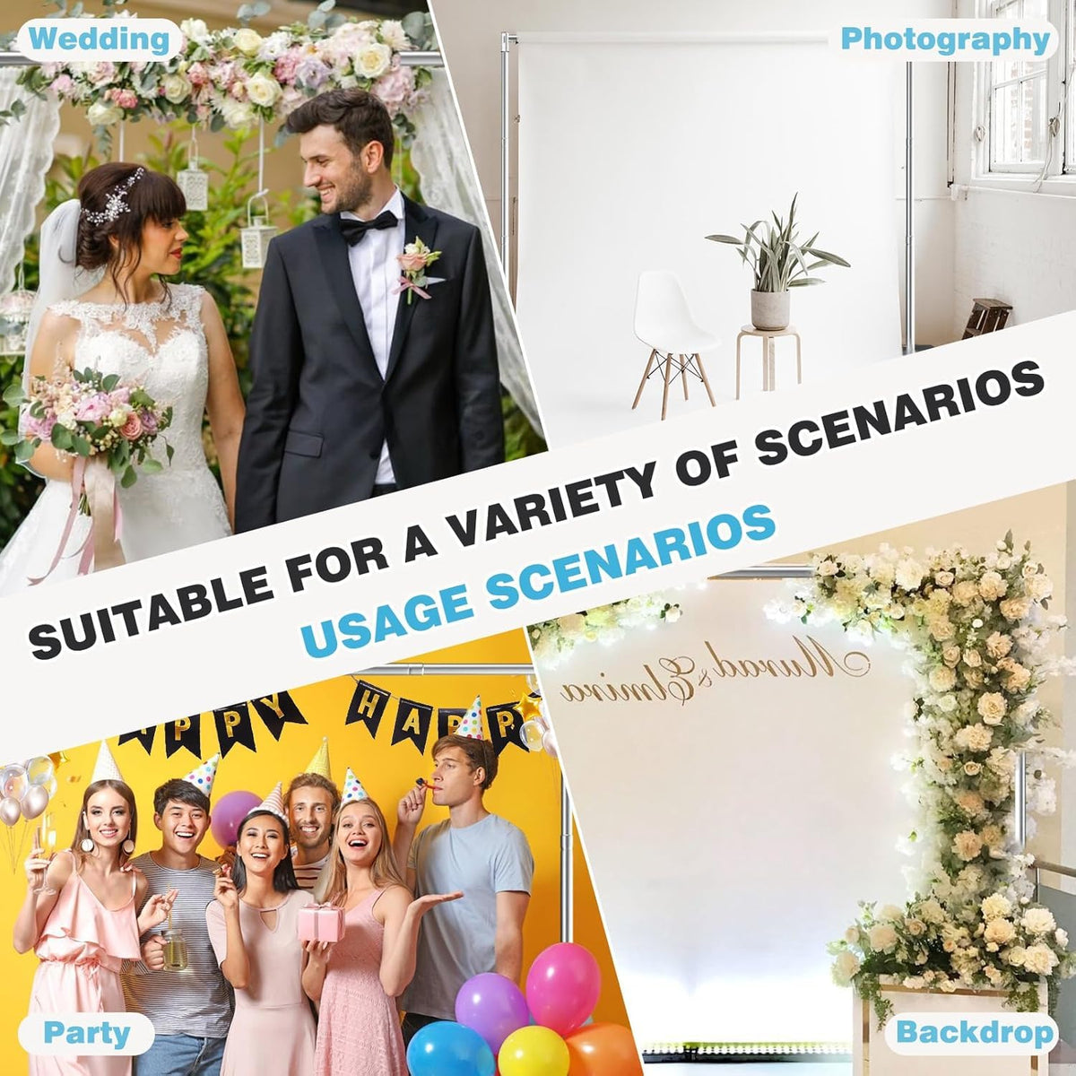 Pipe and Drape Backdrop Stand, 10x10ft Heavy Duty Backdrop Stand with Metal Base, Adjustable Height & Width, Silver