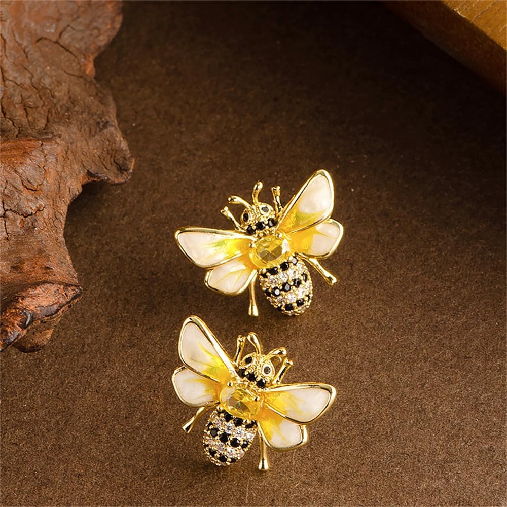 Dainty Honeybee Stud Earrings Sterling Silver Post Studs Cubic Zriconia Rhinestone Bee Insects Animal Cartilage
