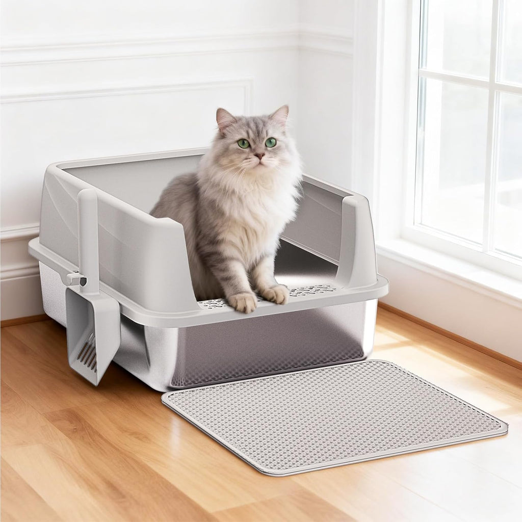 Stainless Steel Cat Litter Box with Lid, Extra Large Litter Box for Big Cats with High Sided, Non-Sticky, Anti-Urine