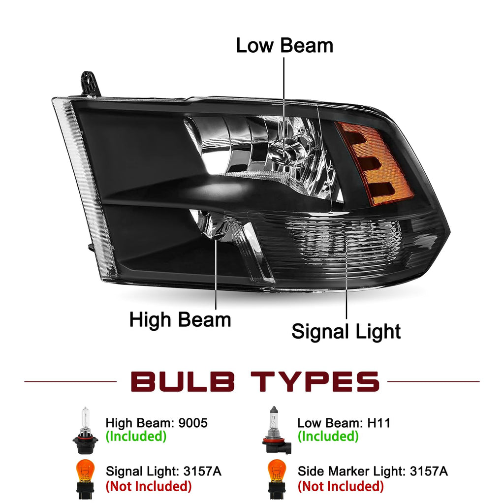 Headlight Assembly Compatible with 2009-2018 Dodge Ram 1500