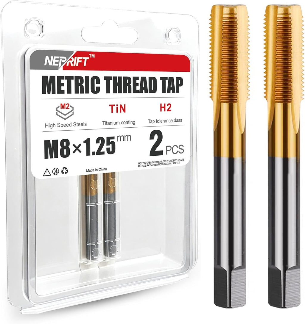 2 Pcs M8 x 1.25 Metric Thread Tap, M2 HSS Right Hand Thread Milling Tap