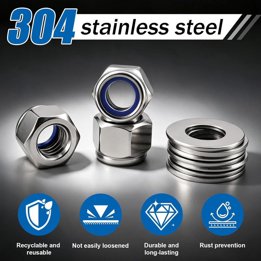 M8-1.25 Lock Nut 190Pcs Stainless Steel Nylock Locking nut with Washer