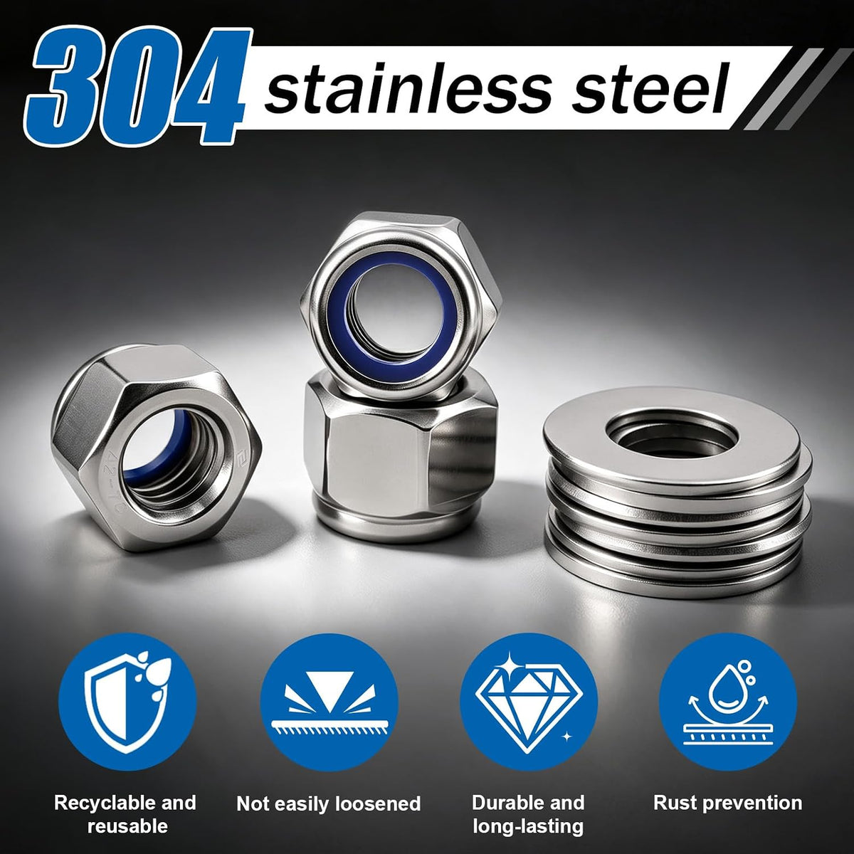 M8-1.25 Lock Nut 190Pcs Stainless Steel Nylock Locking nut with Washer