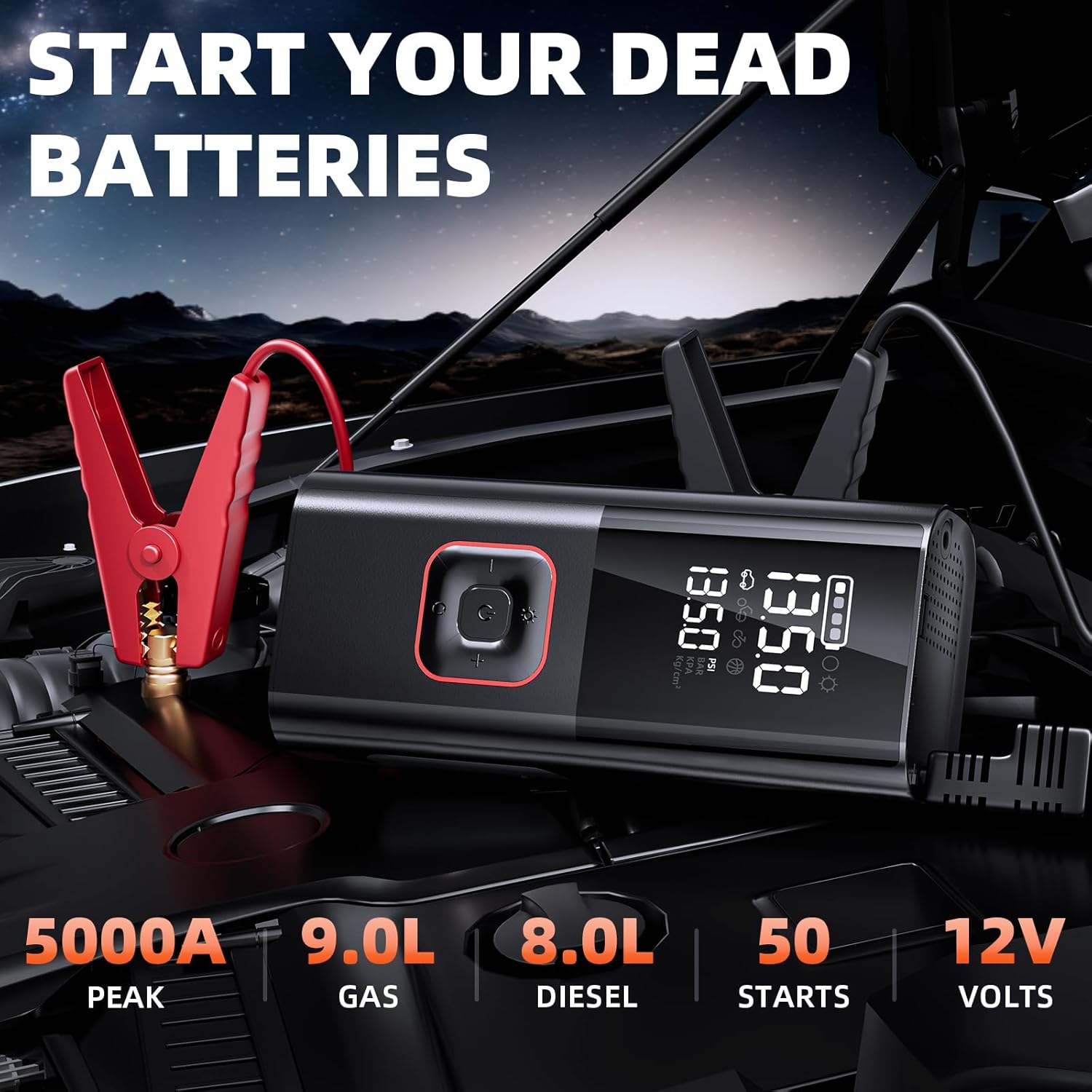 Jump Starter with Air Compressor, 5000A Battery Jumper Starter Portable (9L Gas/8L Diesel) with 160PSI Auto-Shutoff