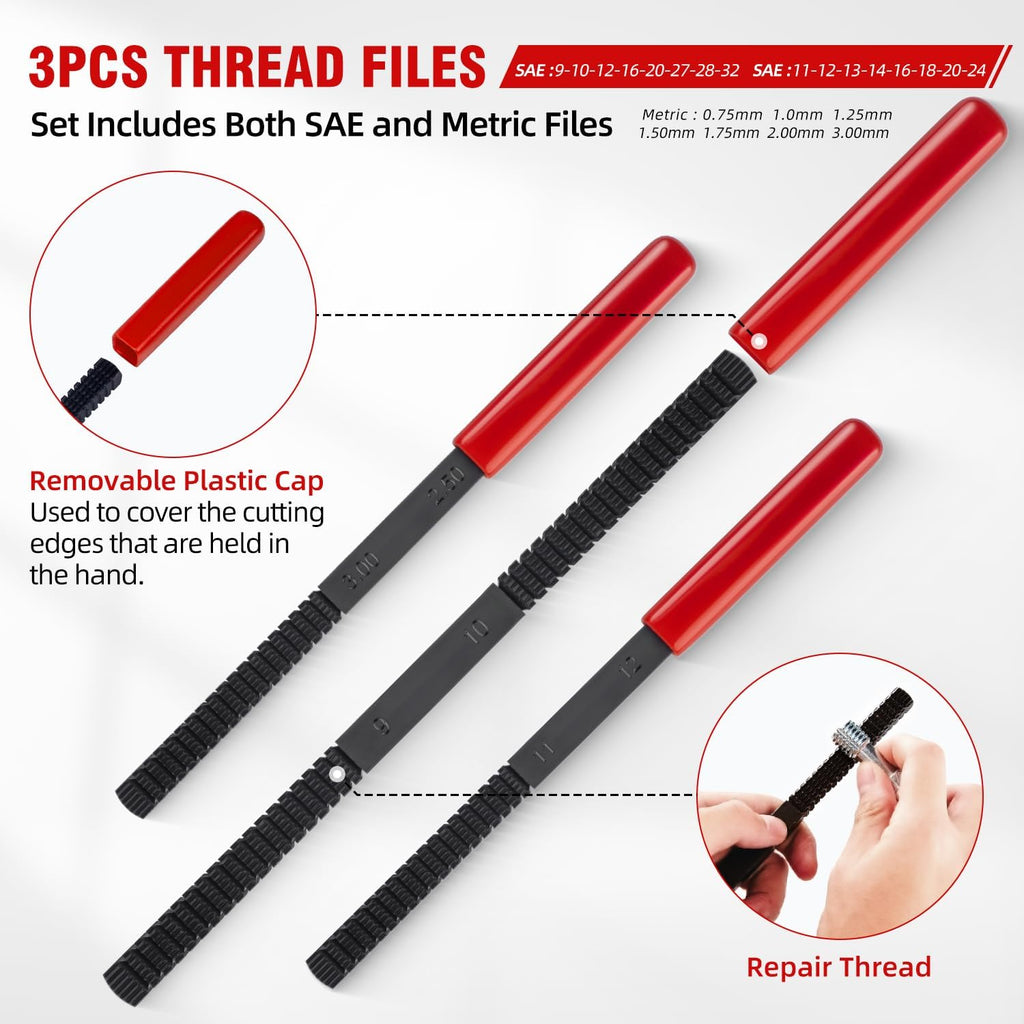 AKM 61Pcs Thread Restorer Kit, Rethread Repair Tool, UNC UNF & MetricThread Chaser Set with Thread Pitch Gauge