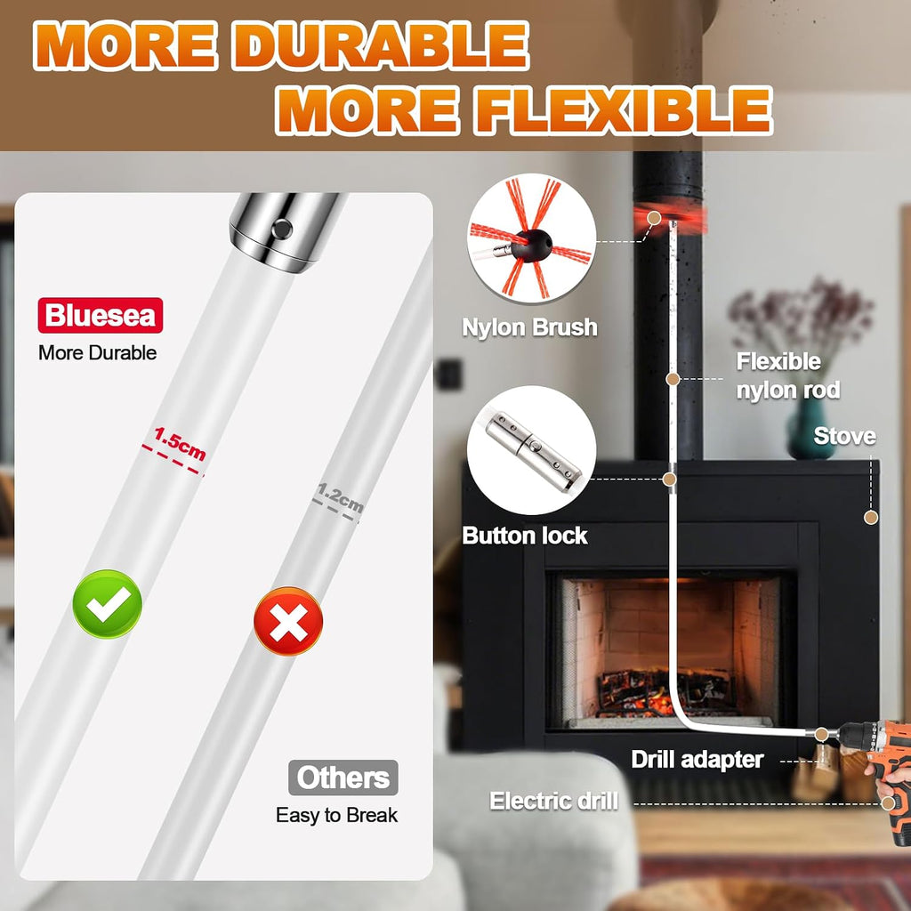30FT Ergonomic Chimney Sweep Kit, Strong Brush & 9 Flexible Rods