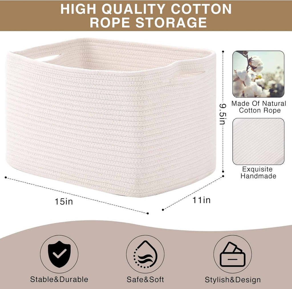 Storage Baskets for Organizing Shelves, Woven Cotton Rope Bins for Baby Nursery Organization, Book Toy Towel