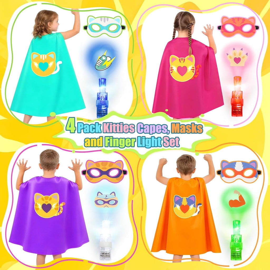 Kitties Capes with Finger Lights, Masks Dress Up for Kids 3-12 | 4 Kitties Capes, 4 Masks, 8 Lights, Superhero Capes