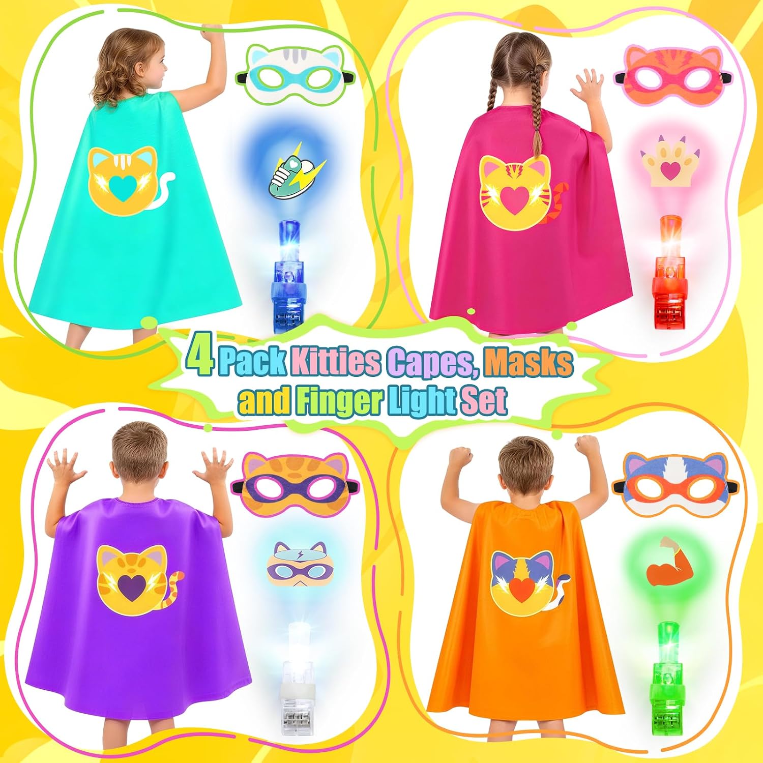 Kitties Capes with Finger Lights, Masks Dress Up for Kids 3-12 | 4 Kitties Capes, 4 Masks, 8 Lights, Superhero Capes
