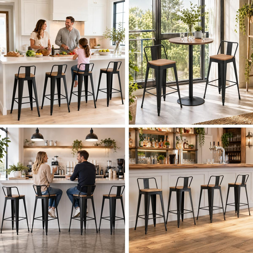 Metal Bar Stools Set of 4, 30" Black Bar Height Stools with Back
