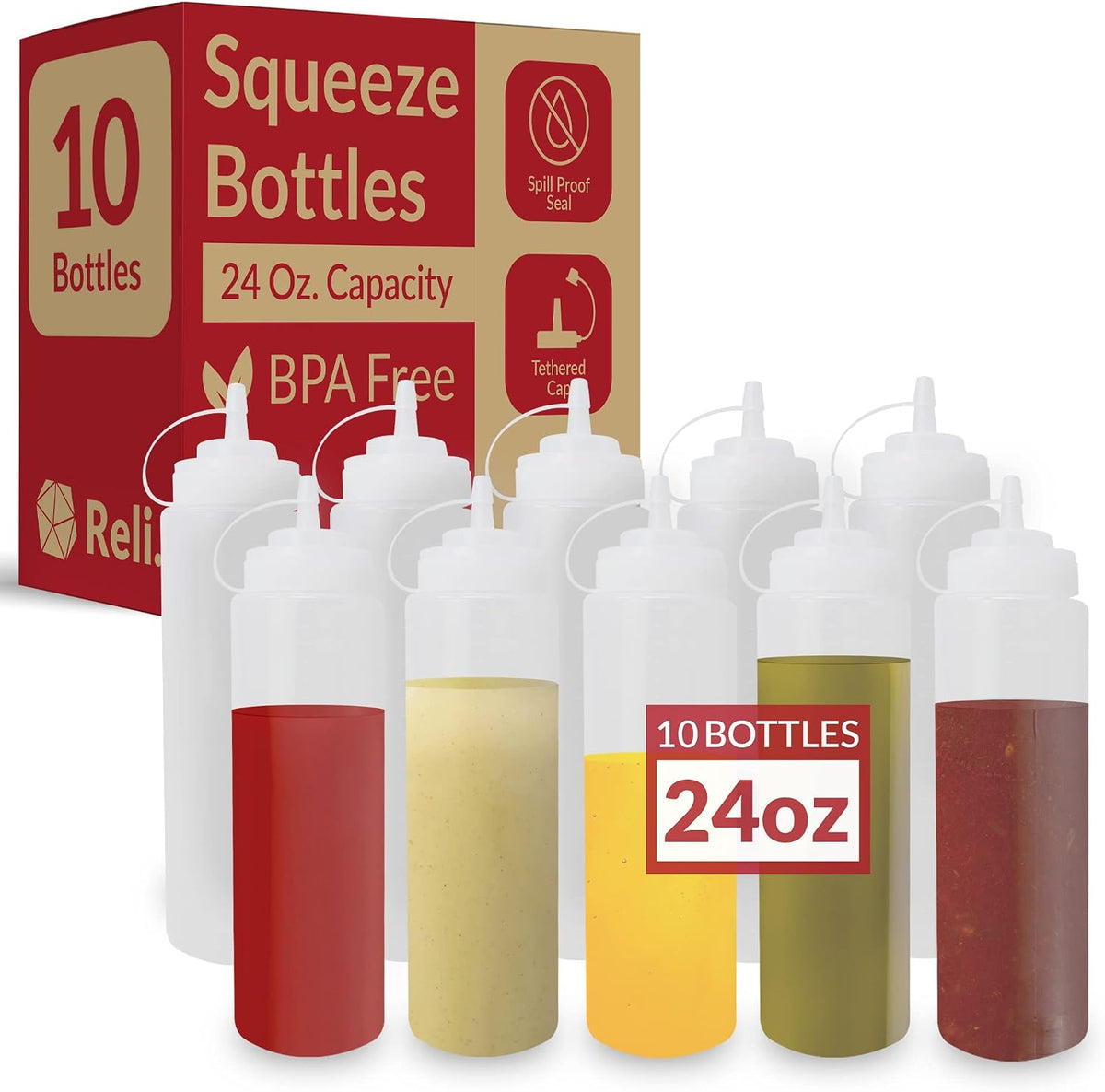 Plastic Squeeze Bottles, 24 oz. | 10 Pack | Clear w/Tethered Caps