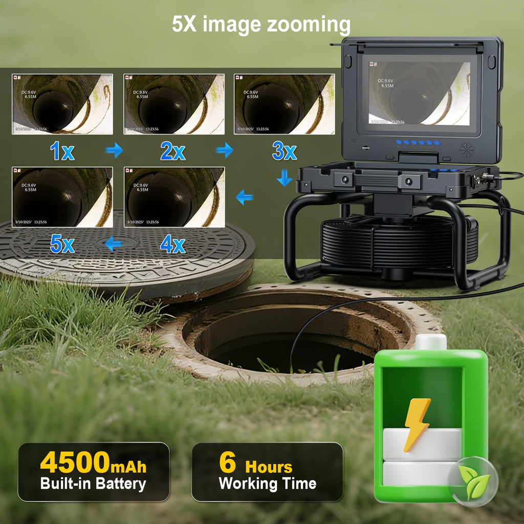 Sewer Camera with Self-Leveling DVR, 100ft Snake, 9" HD Screen