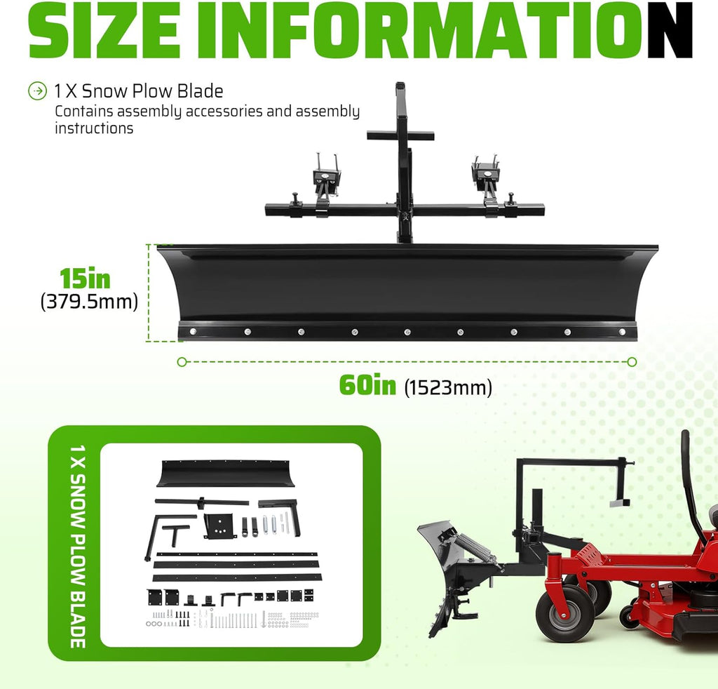 60 In Universal Snow Plow Blade Compatible with Zero Turn Mower Snow Plow 5FT Wide Steel Powder Coated Adjustable