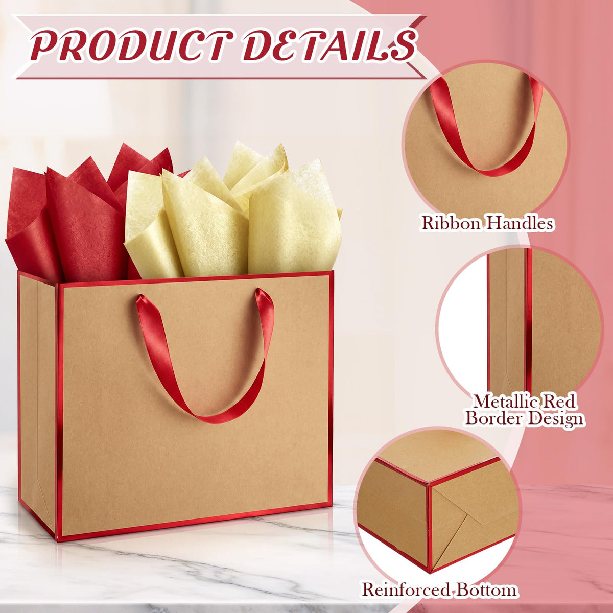 12 Pack Paper Gift Bag with Handles & Tissue, Kraft, Red