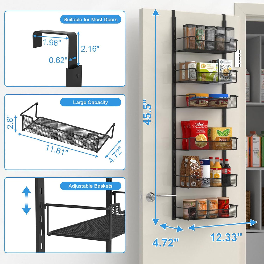12.3" W Narrow Over the Door Pantry Organizer, 6-Tier Over the Door Organizer with Adjustable Basket, Pantry Door