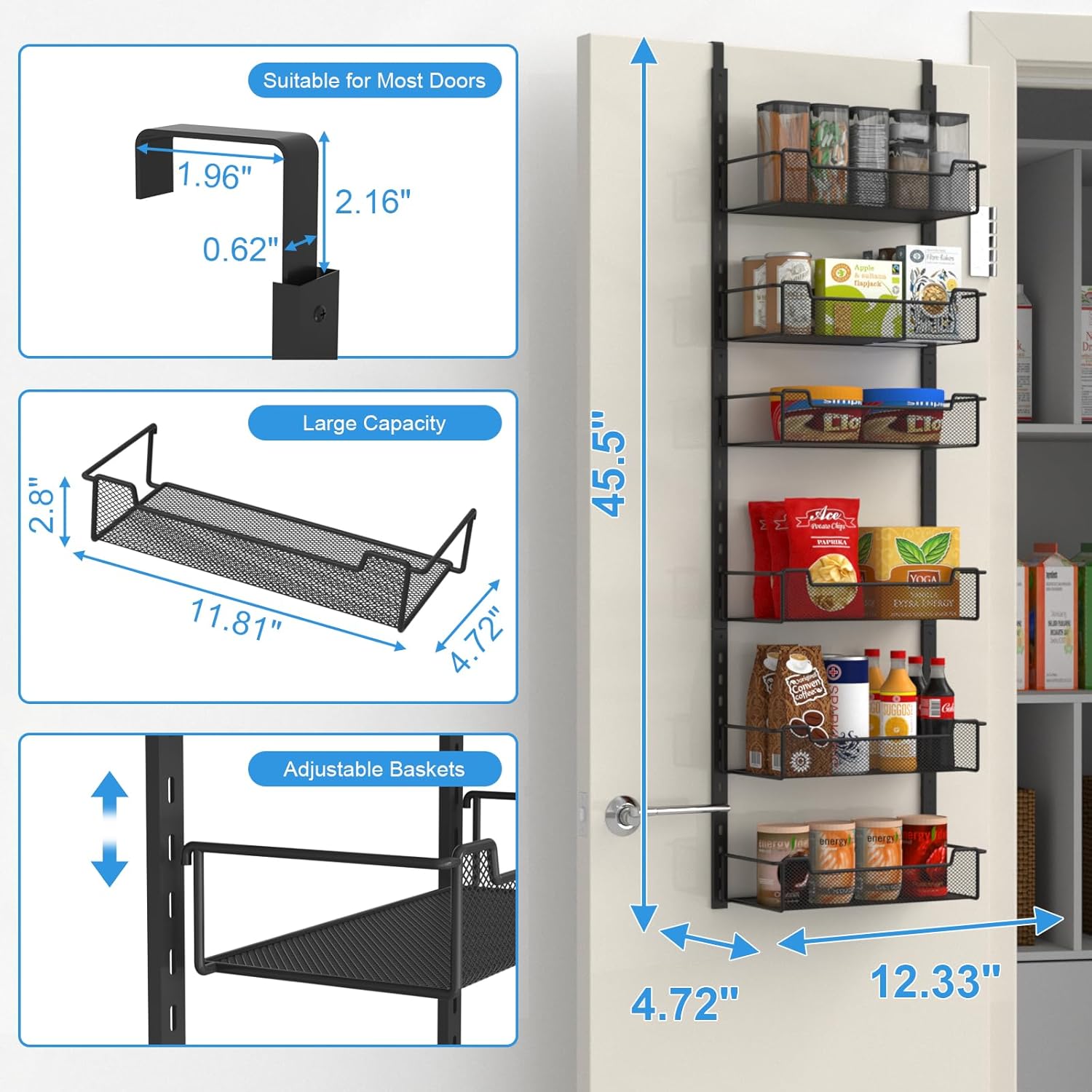 12.3" W Narrow Over the Door Pantry Organizer, 6-Tier Over the Door Organizer with Adjustable Basket, Pantry Door