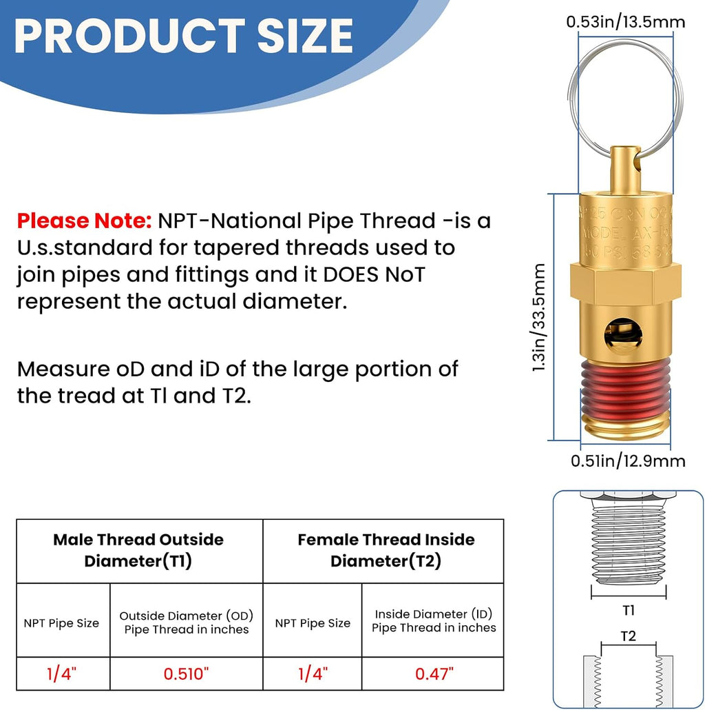1/4" Male NPT Brass Safety Valve, 1 Pack