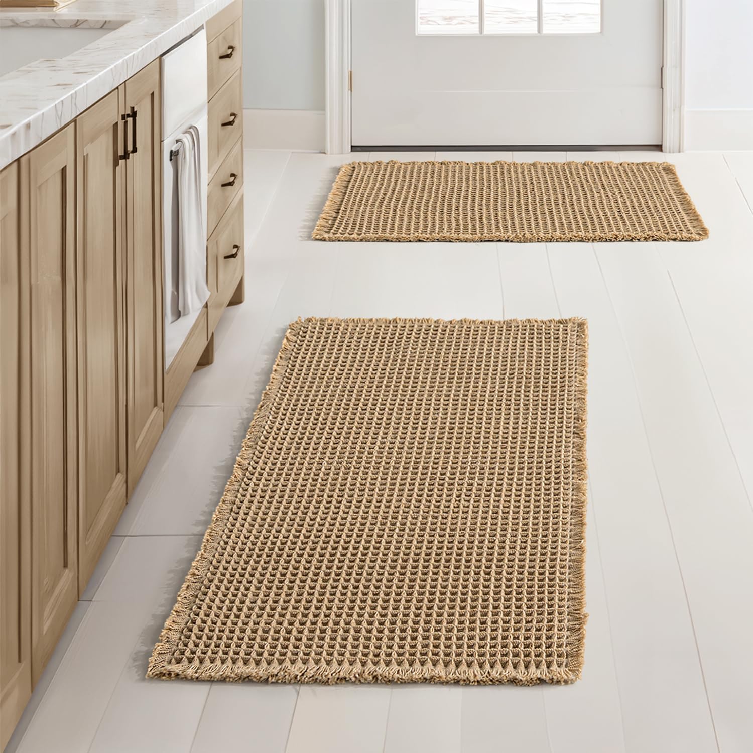 Set of 2 Waffle Bathroom Rugs Boho Bath Mat Brown 17x24 Inch | Non Slip, Super Absorbent, Washable, Ultra Soft