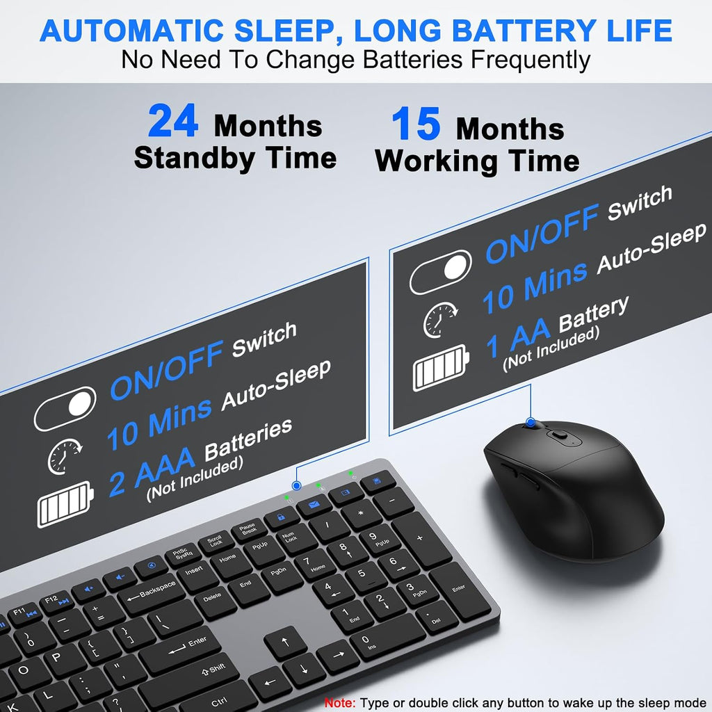 Wireless Keyboard and Mouse Combo, Full Size Silent Ultra Thin Keyboard with Magnetic Wrist Rest, Optical Mouse, 2.4G