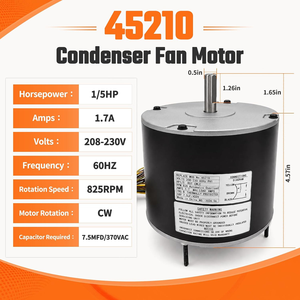 Outdoor Condenser Fan Motor 1/5 HP 825 RPM with Capacitor - Replacement for Carrier HC37GE210 Rheem 51-23055-12 GE 5KCP39EFN759AS Packard 45210 AC HVAC Fan Motor