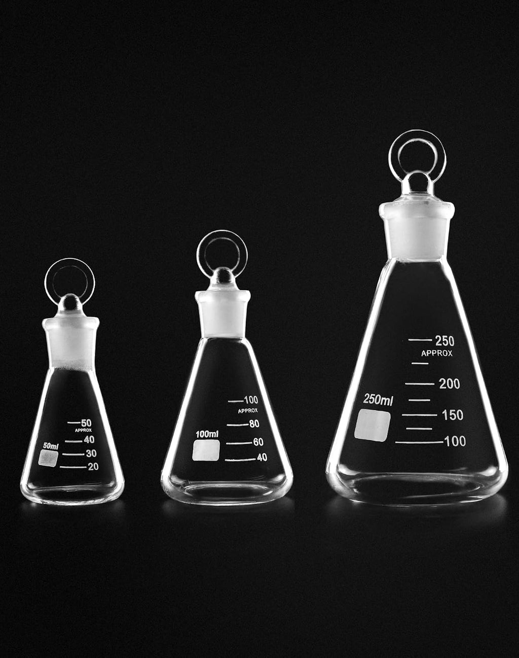 Borosilicate 3.3 Glass Erlenmeyer Flask Set (50, 100 and 250ml), 3 x Graduated Conical Flask with Glass Stopper for
