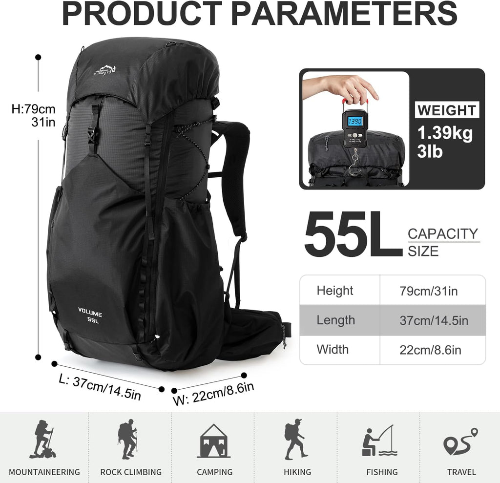 55L Internal Frame Waterproof Hiking Camping Backpack with 3L Water Bladder and Rain Cover, Large Lightweight Travel