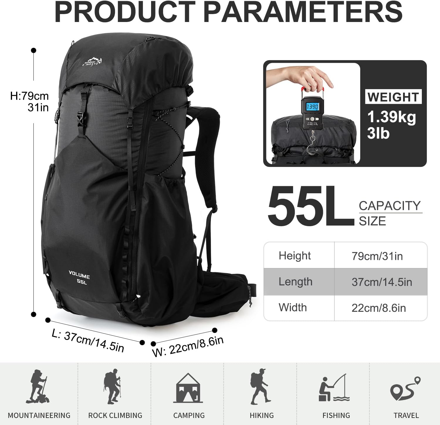 55L Internal Frame Waterproof Hiking Camping Backpack with 3L Water Bladder and Rain Cover, Large Lightweight Travel