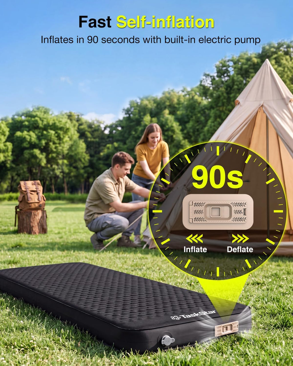 4" Self Inflating Sleeping Pad for Camping with Pillow, Electric Foam & Air Camping Sleeping Pad, 9.5 R-Value, 4