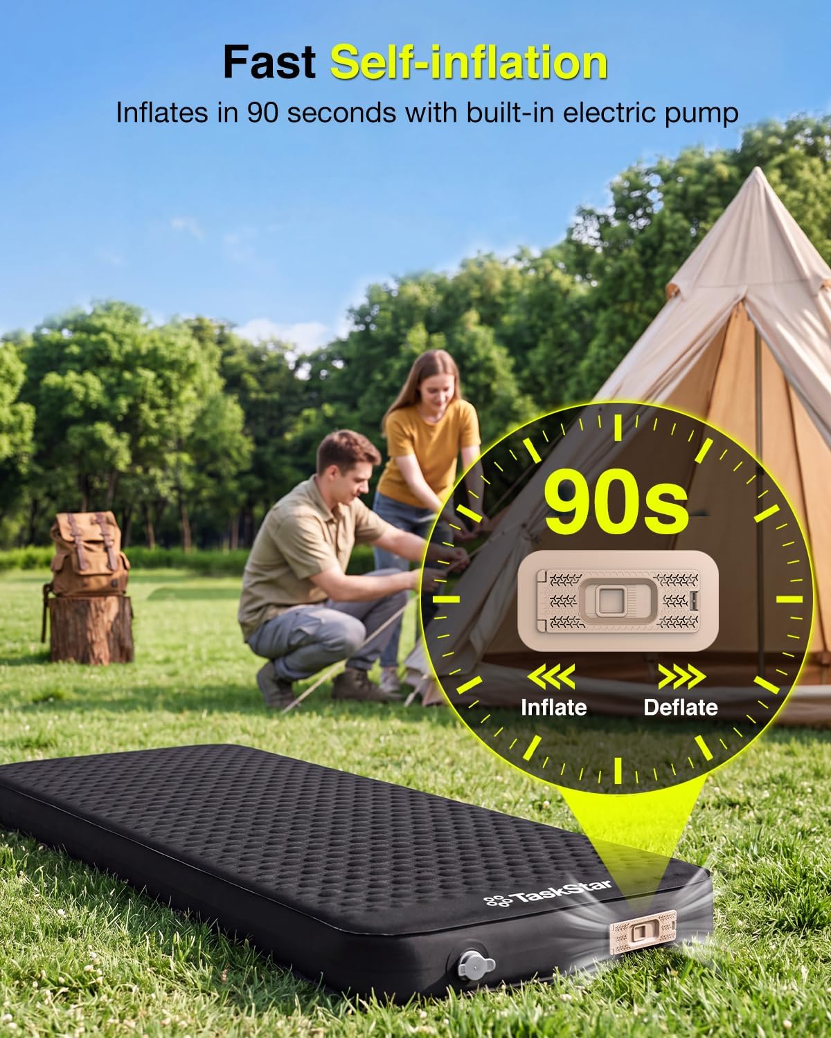 4" Self Inflating Sleeping Pad for Camping with Pillow, Electric Foam & Air Camping Sleeping Pad, 9.5 R-Value, 4