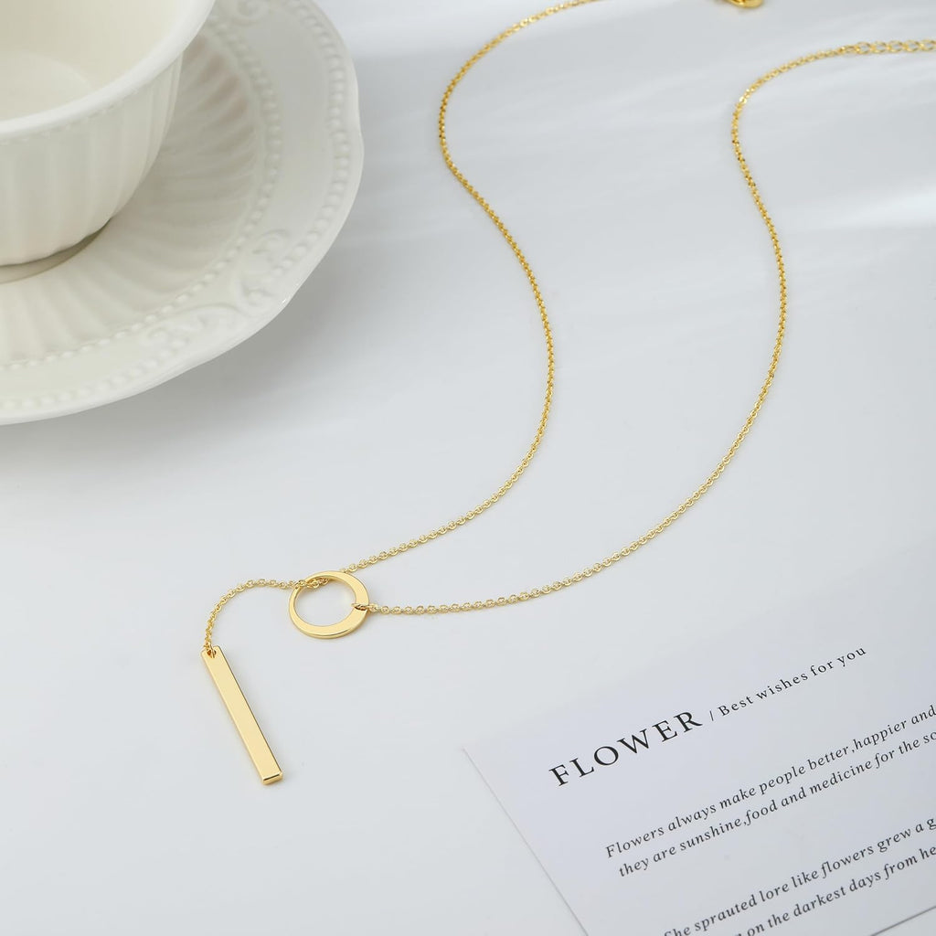 Long Gold Necklace for Women Trendy, Dainty Layered Lariat Necklace 14k Gold Plated Silver Y Shaped Beaded Chain Non