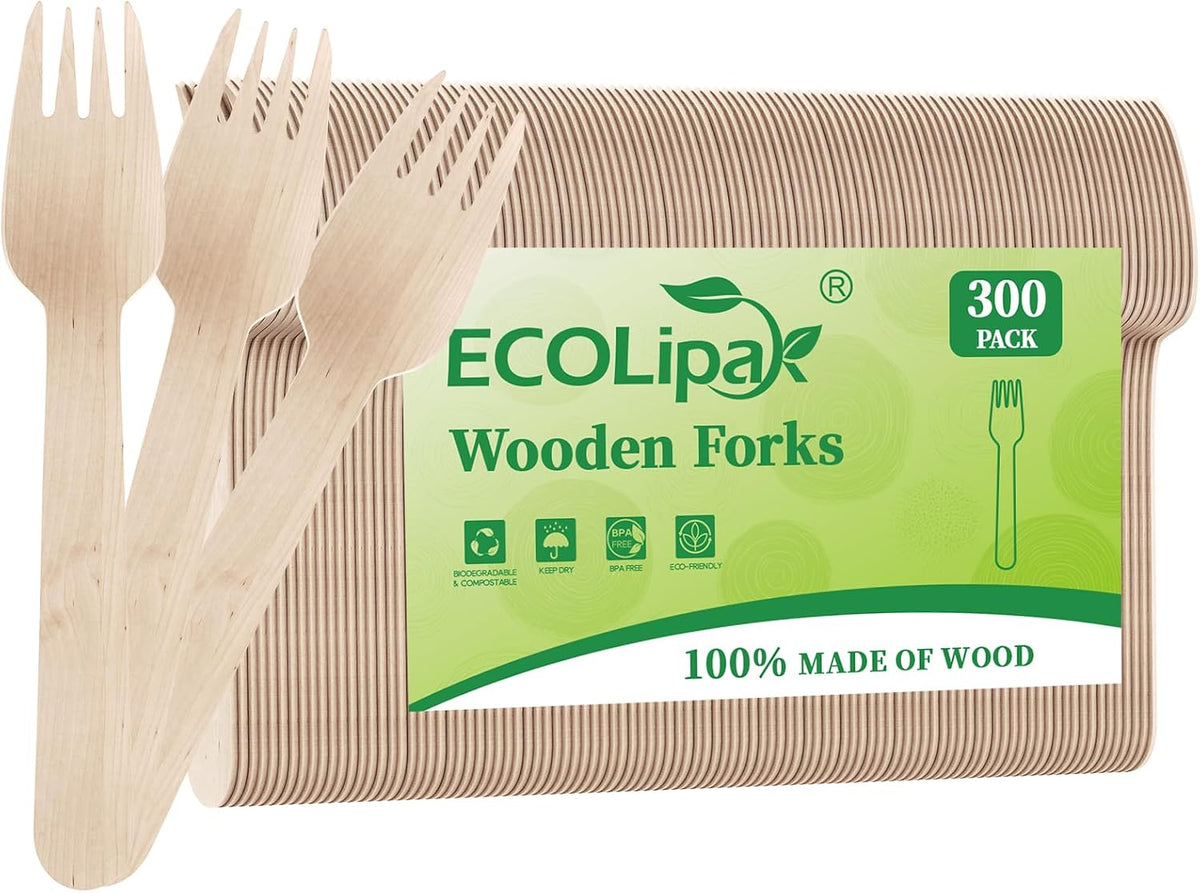 300 Count Compostable Wooden Disposable Forks for Party, Dinner