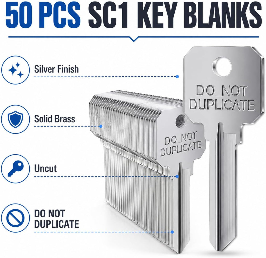 Pack of 50 Brass Key Blanks Uncut Blank Keys, Silver, Sc1 | Copper Do Not Duplicate Keys, Dnd House Key Blanks, for
