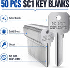 Pack of 50 Brass Key Blanks Uncut Blank Keys, Silver, Sc1 | Copper Do Not Duplicate Keys, Dnd House Key Blanks, for