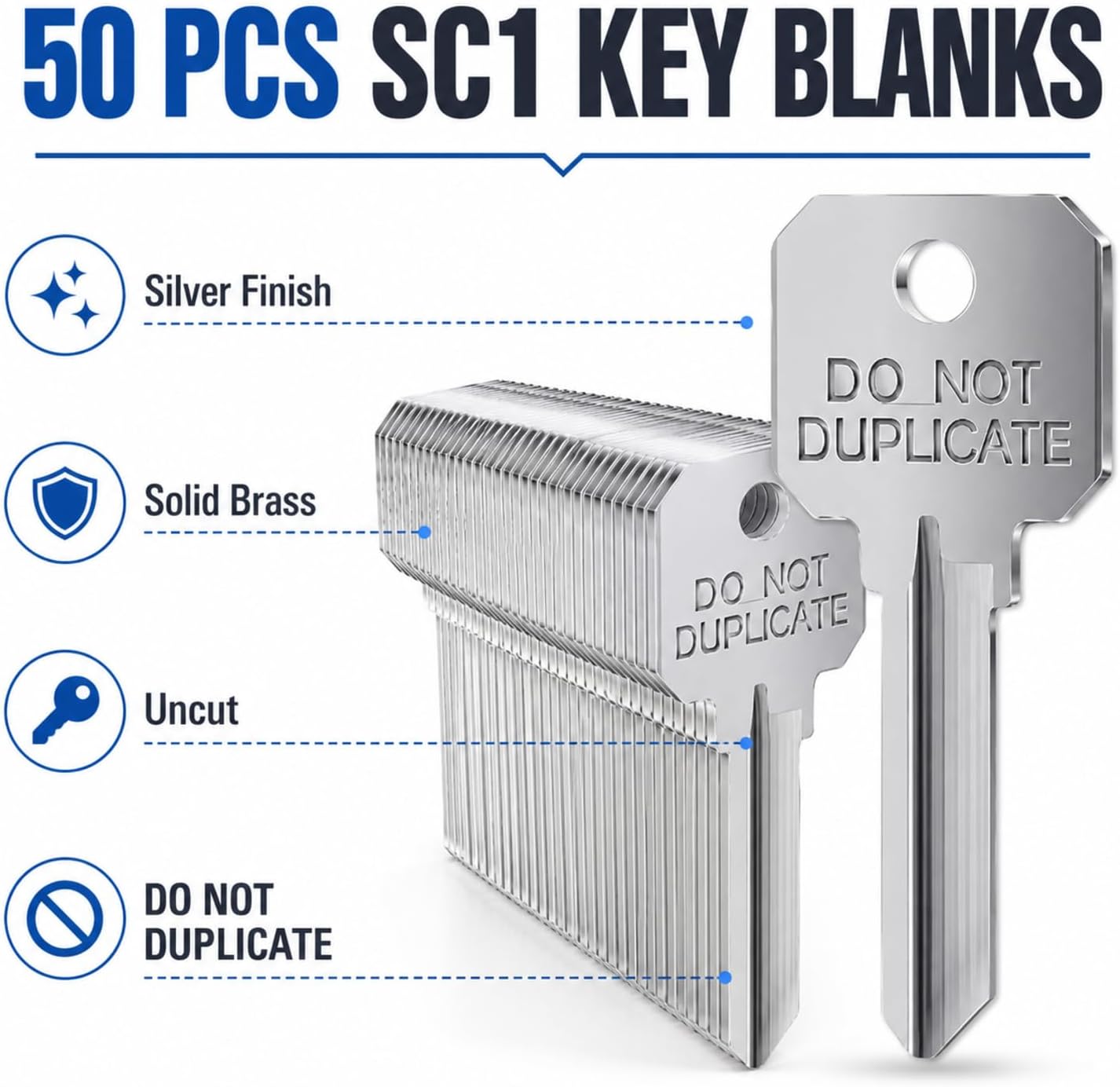 Pack of 50 Brass Key Blanks Uncut Blank Keys, Silver, Sc1 | Copper Do Not Duplicate Keys, Dnd House Key Blanks, for