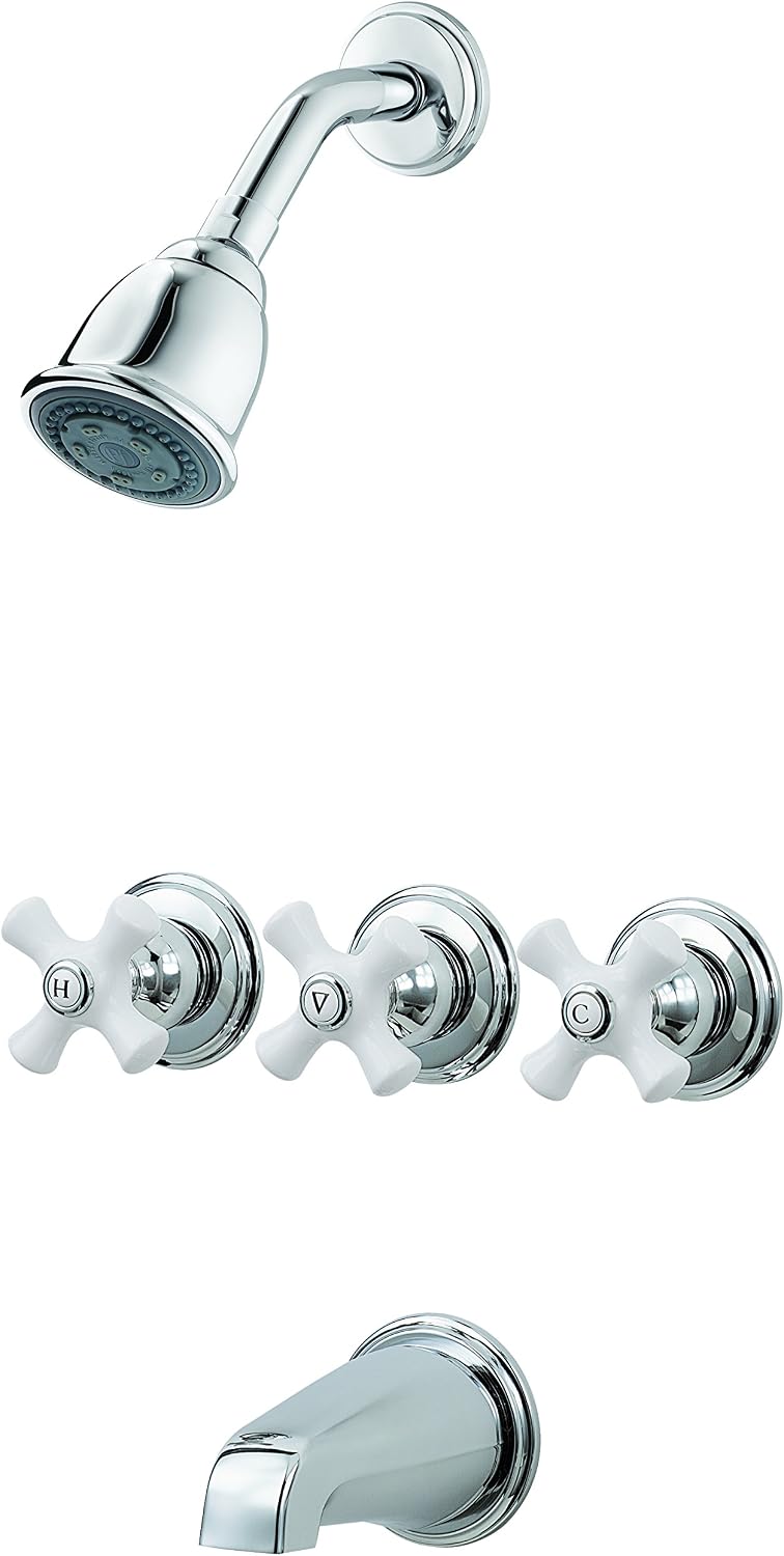 Pfister 3 Handle Tub and Shower Faucet Trim Kit Chrome Finish with White Porcelain Handles 2.5 GPM Flow Rate 5-Hole Installation Valve Sold Separately LG01-8CPC