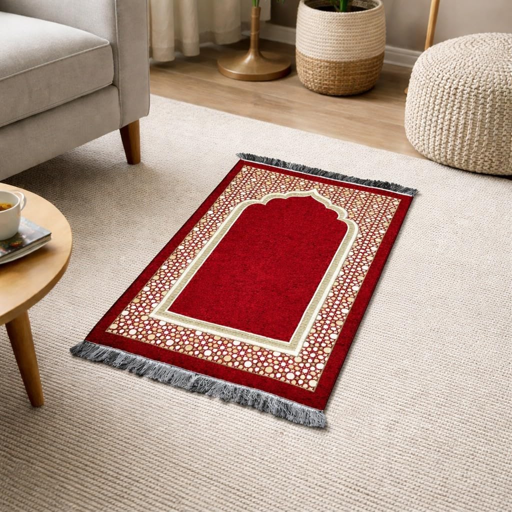 Turkish Islamic Prayer Mat - Thin Woven Chenille Sajjadah - Intricate Praying Rug Ramadan Eid Gift - Traditional