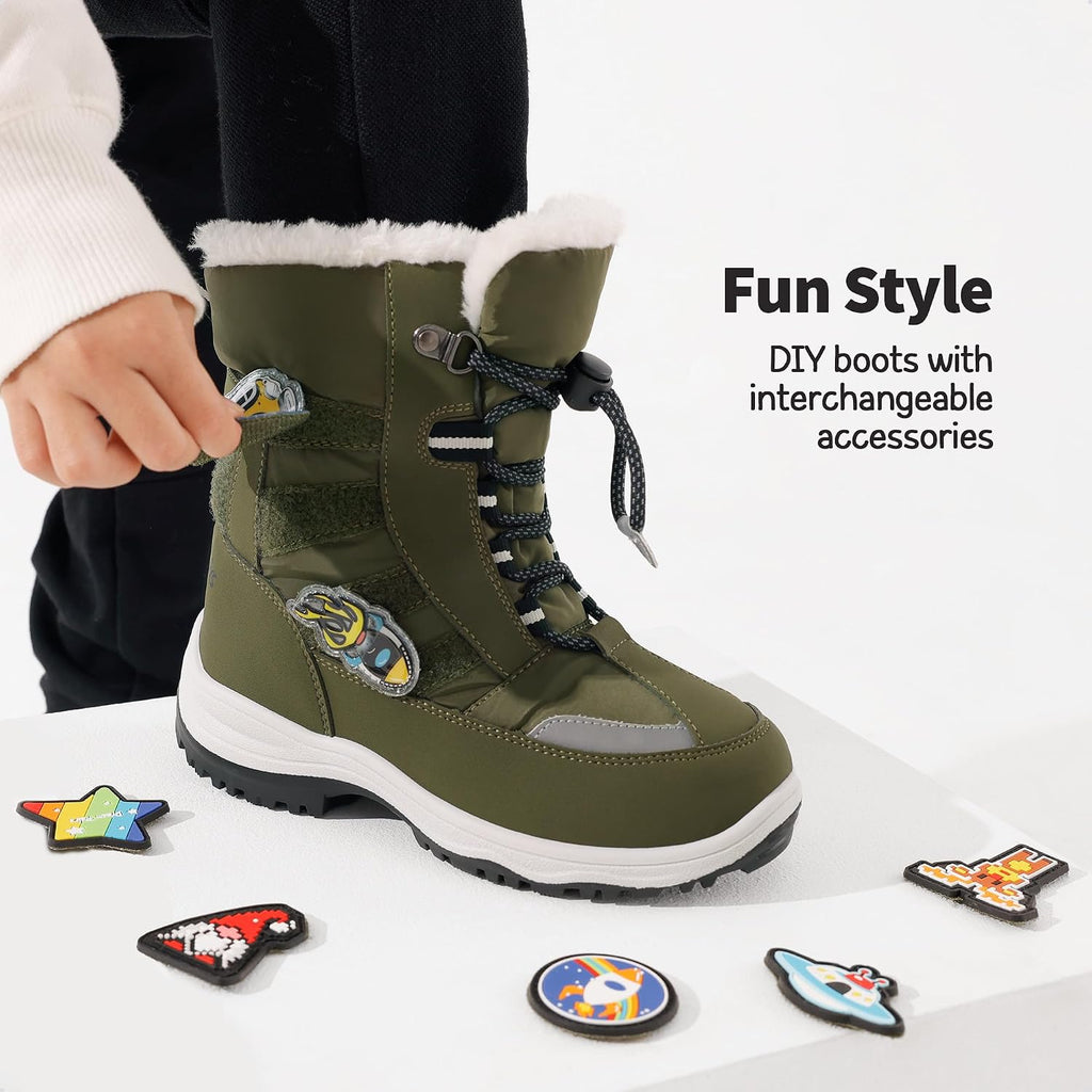 Boys Toddler Snow Boots Interchangeable Accessories Slip Resistant Faux Fur Lined Mid Calf Little Kids Winter Shoes