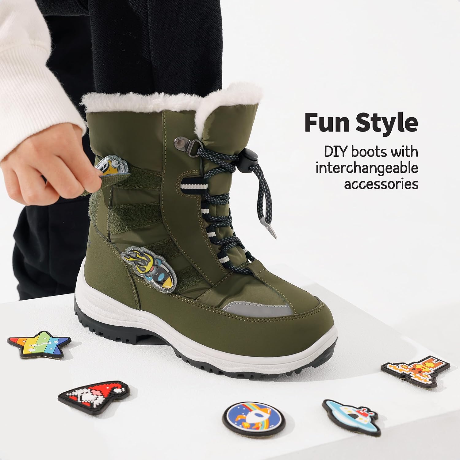 Boys Toddler Snow Boots Interchangeable Accessories Slip Resistant Faux Fur Lined Mid Calf Little Kids Winter Shoes